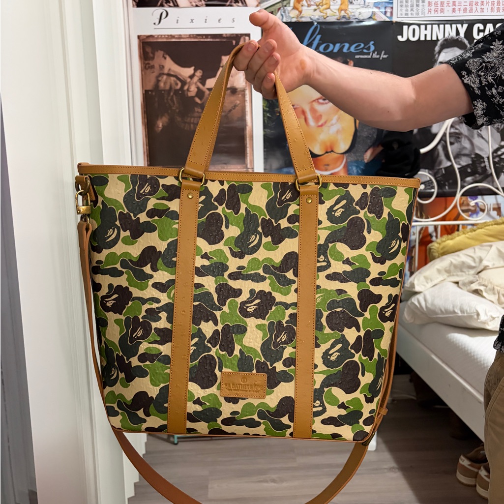 Canvas Camo Tote Bag With Tan Leather Trim - Green Camo